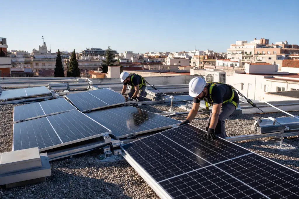 Placas solares instaladas en la cubierta de un edificio residencial