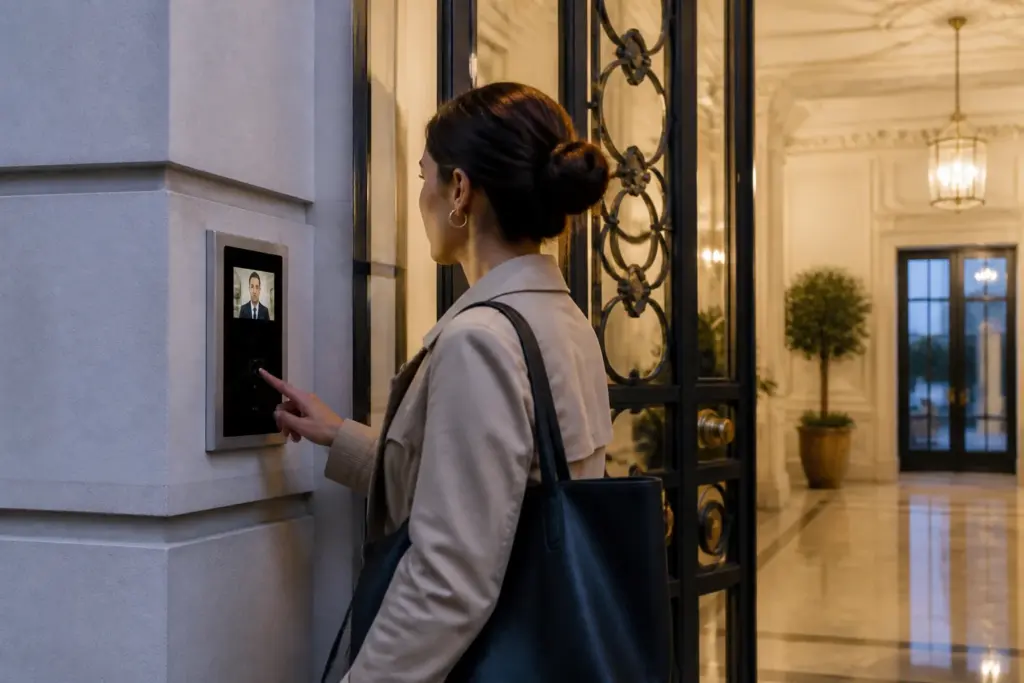 Vecina utilizando un portero virtual en la entrada de su edificio
