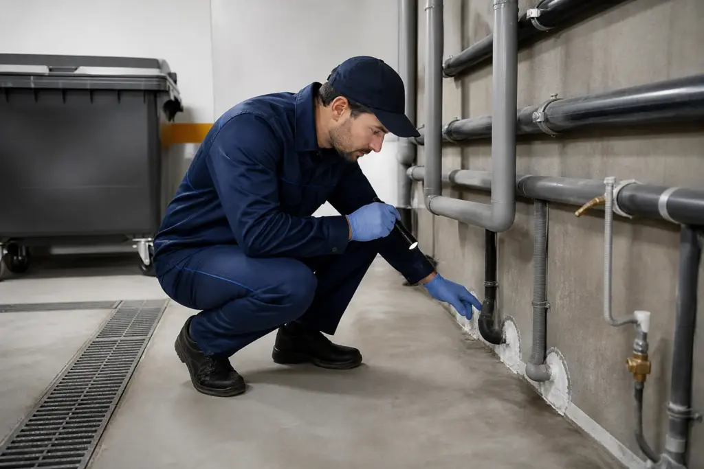 Técnico revisando zonas comunes para prevenir la entrada de roedores