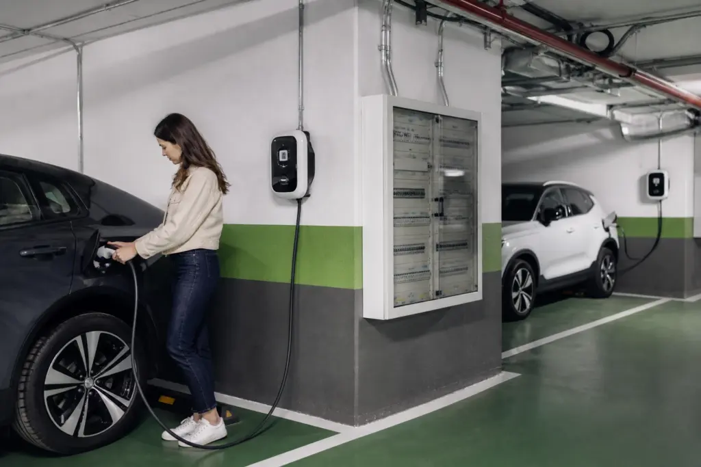 Vehículo eléctrico cargando en un garaje comunitario