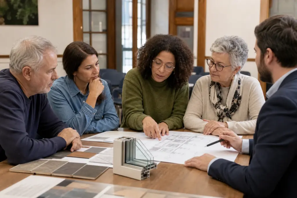 Representantes vecinales preparando una solicitud de ayuda para reformar su edificio
