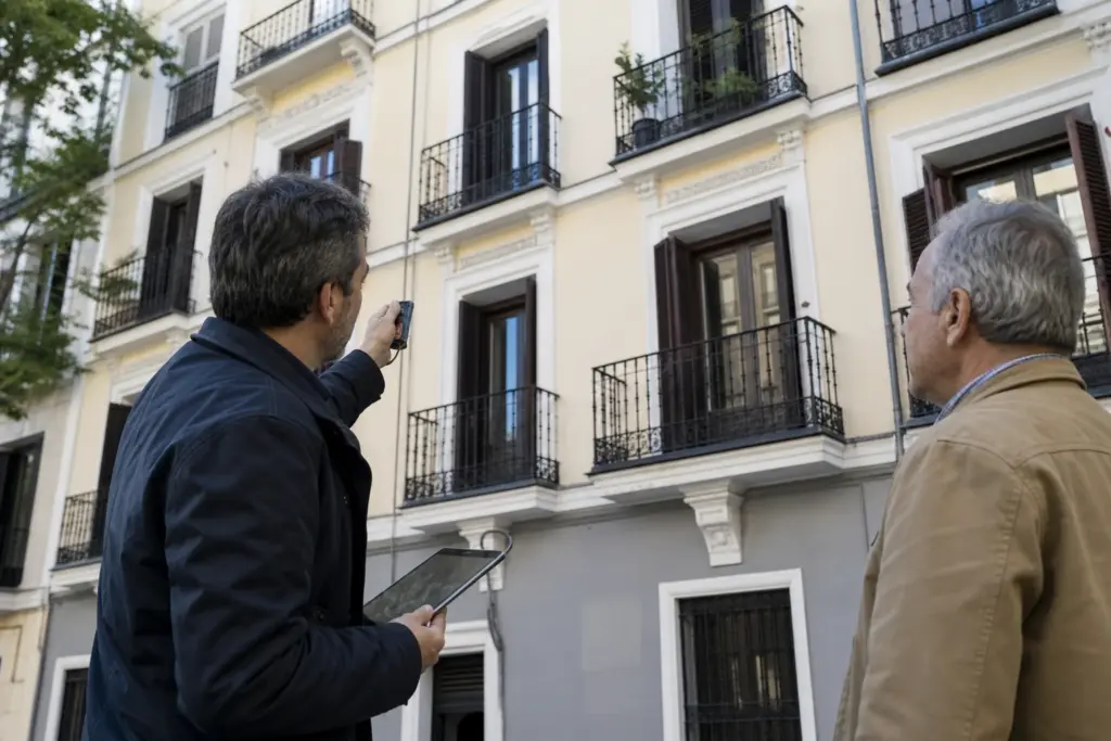 Técnica inspeccionando la fachada de un edificio residencial
