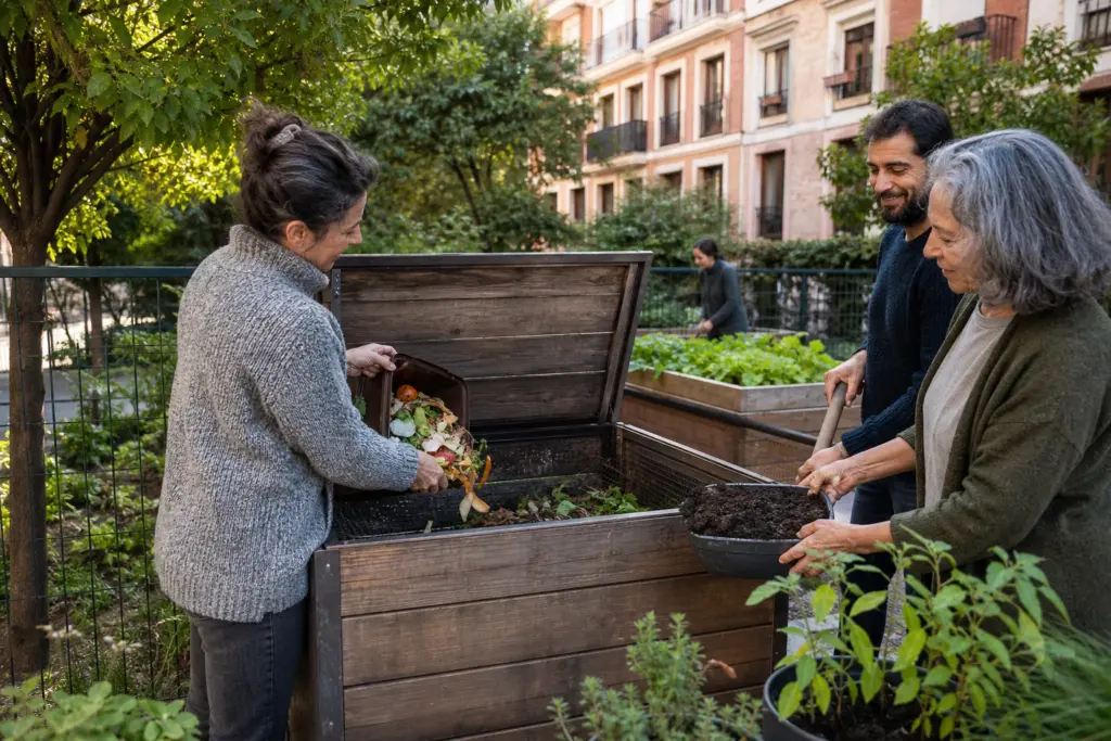 Vecinos utilizando una zona de compostaje comunitario