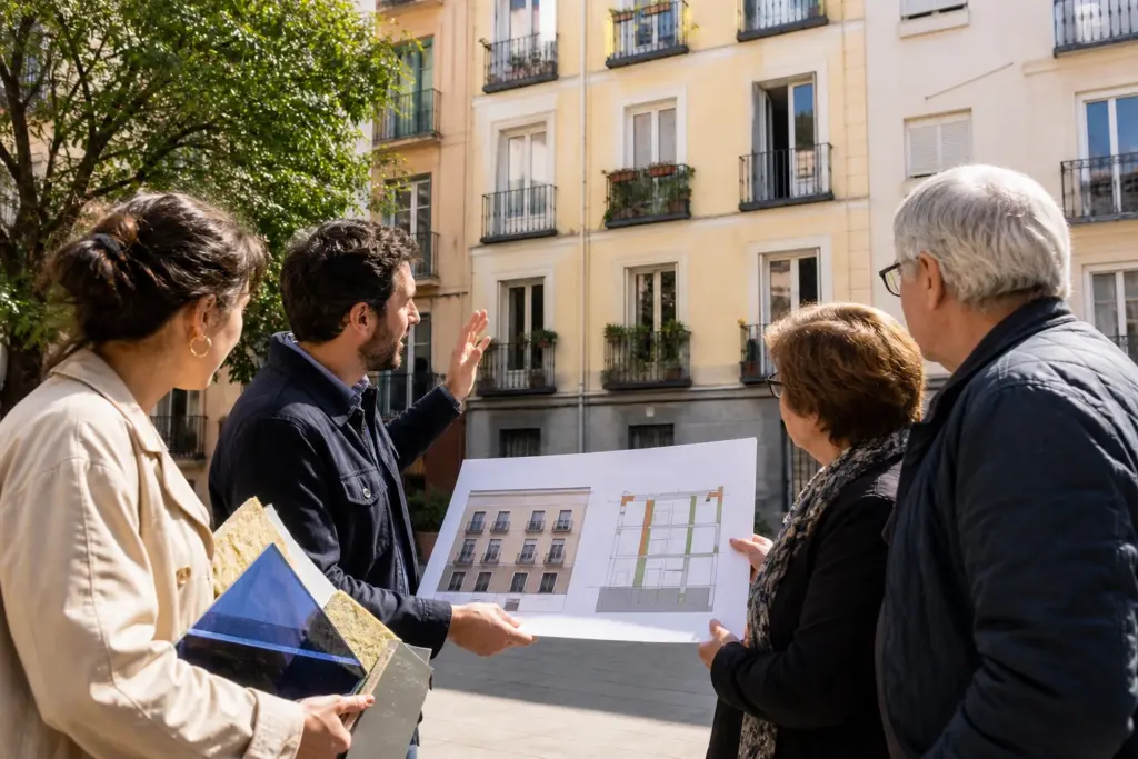 Vecinos estudiando subvenciones para rehabilitar su edificio