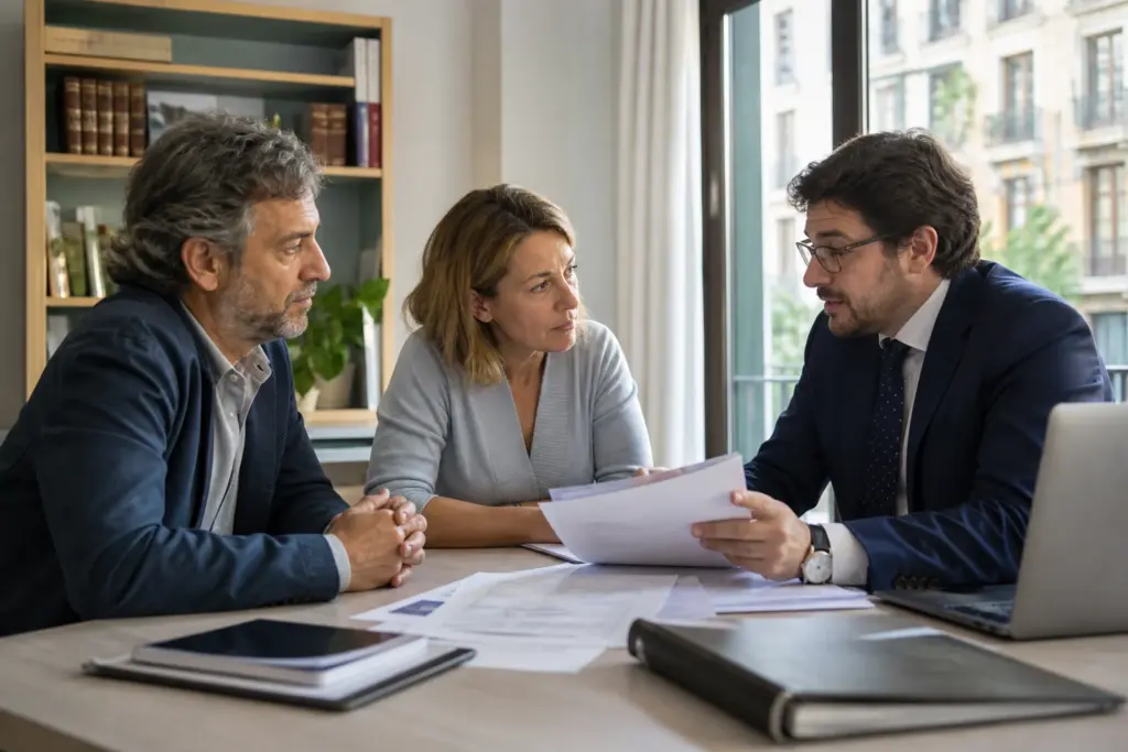 Abogada asesorando a representantes de una comunidad de vecinos