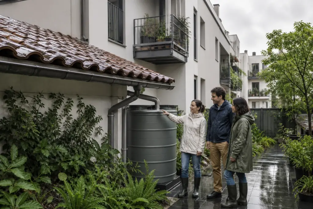 Sistema comunitario de recogida de agua de lluvia en un edificio residencial
