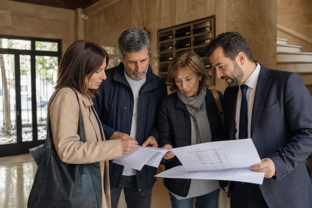 Reunión de una comunidad de vecinos revisando ayudas para reformar su edificio